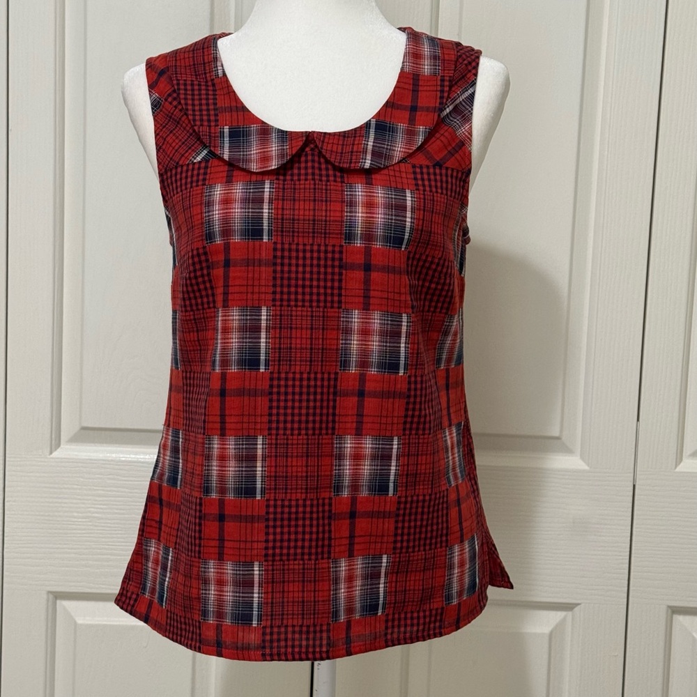 Fervour Red Navy Patchwork Plaid Peter Pan Collar Sleeveless Blouse M
